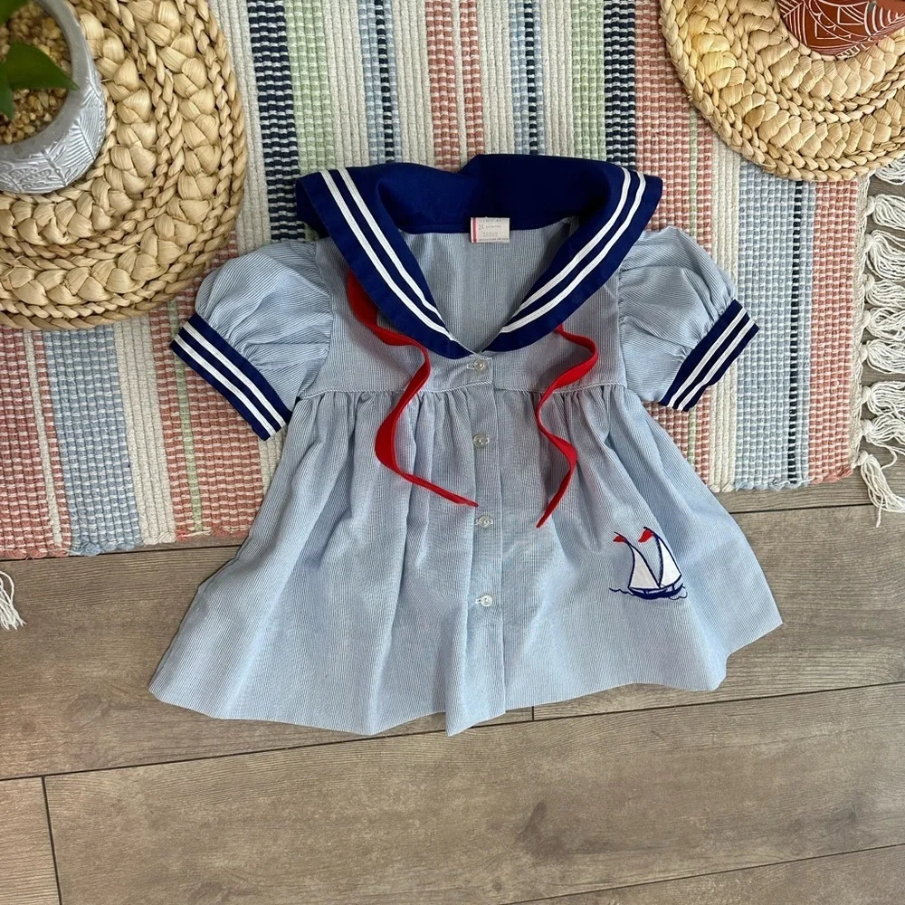 Vintage Nautical Sailor Dress Embroidered Sailboat 24 Months Baby Toddler Girl